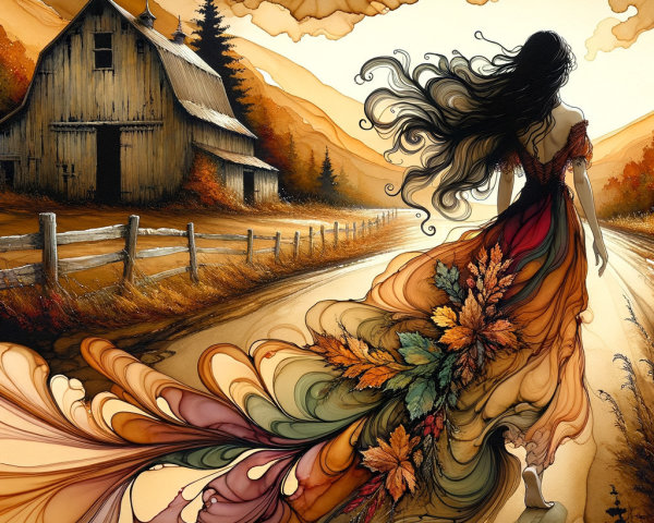Woman in autumn gown on a winding road by mountains