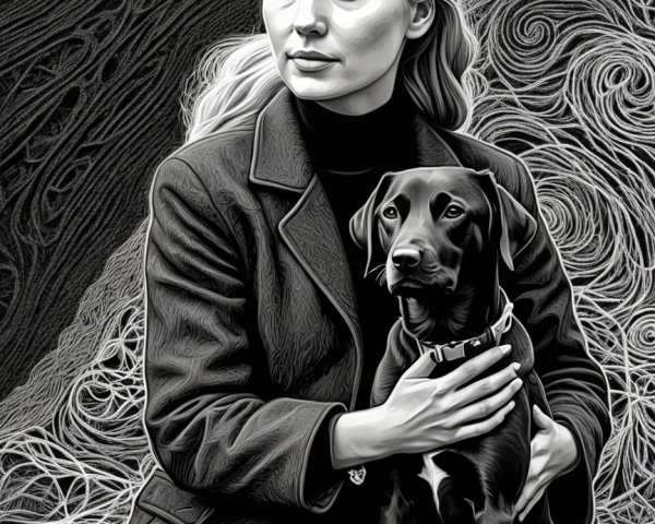 Monochromatic Illustration of Woman with Black Dog