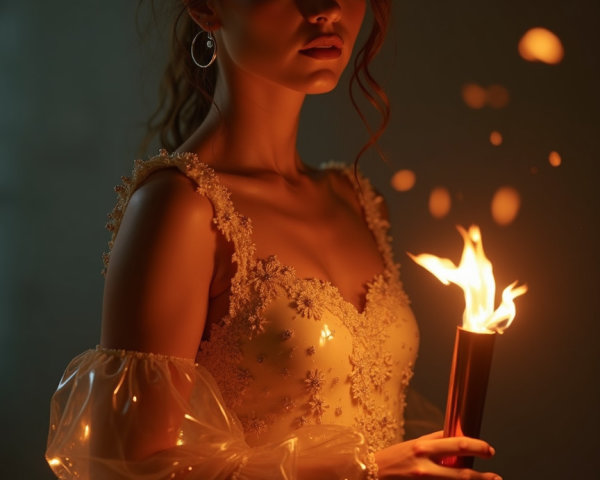 Elegant woman in embellished gown with flames