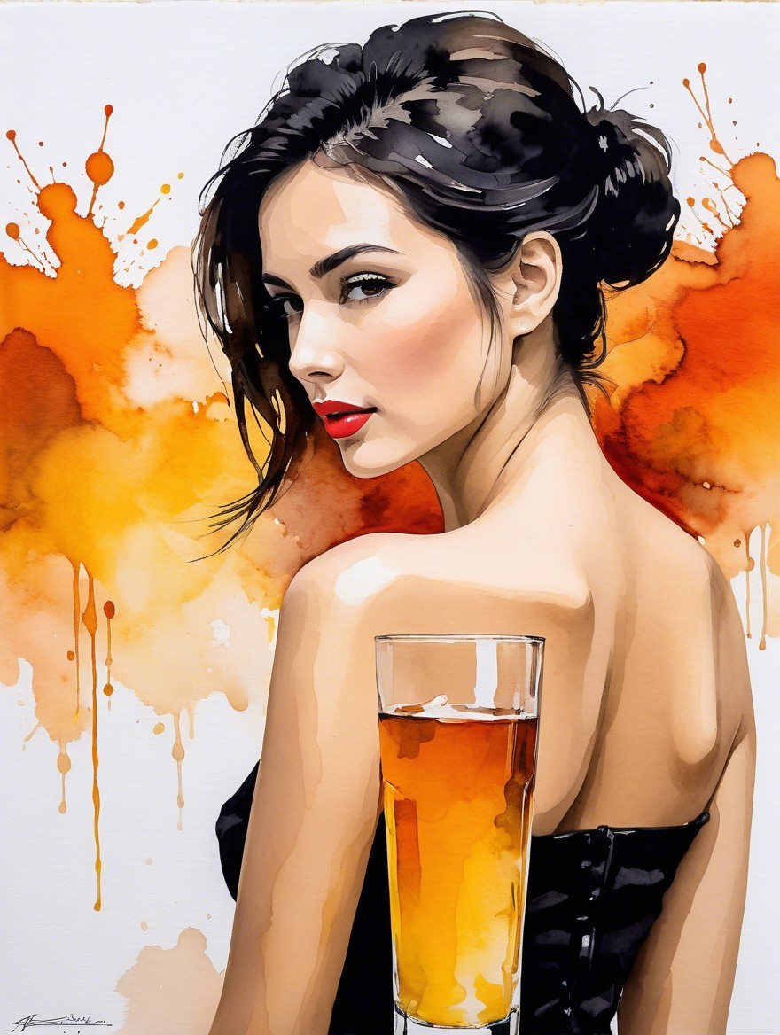 Watercolor Illustration of Woman with Golden Drink