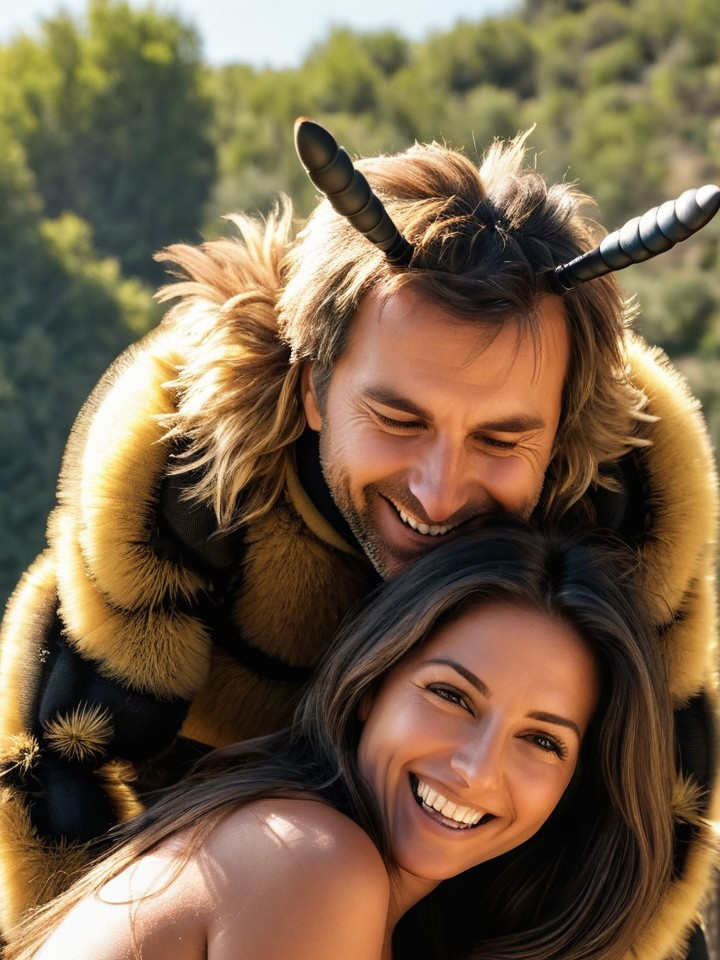 Whimsical Bee Costume in a Cheerful Landscape Scene