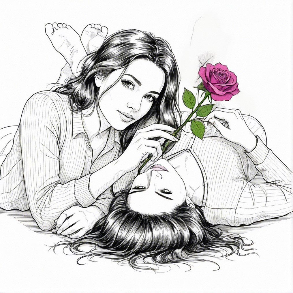 Intimate Illustration of Two Women with a Rose