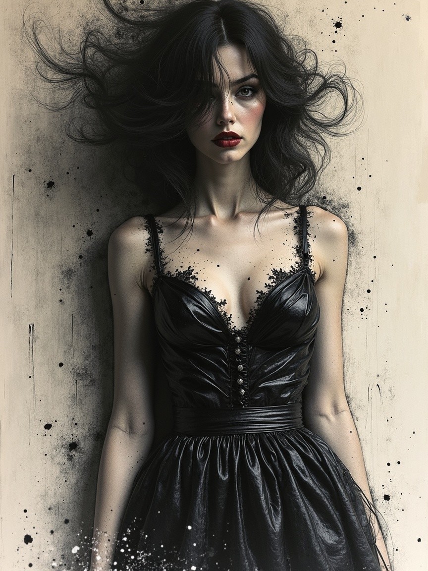 Striking woman in elegant black dress with flowing hair