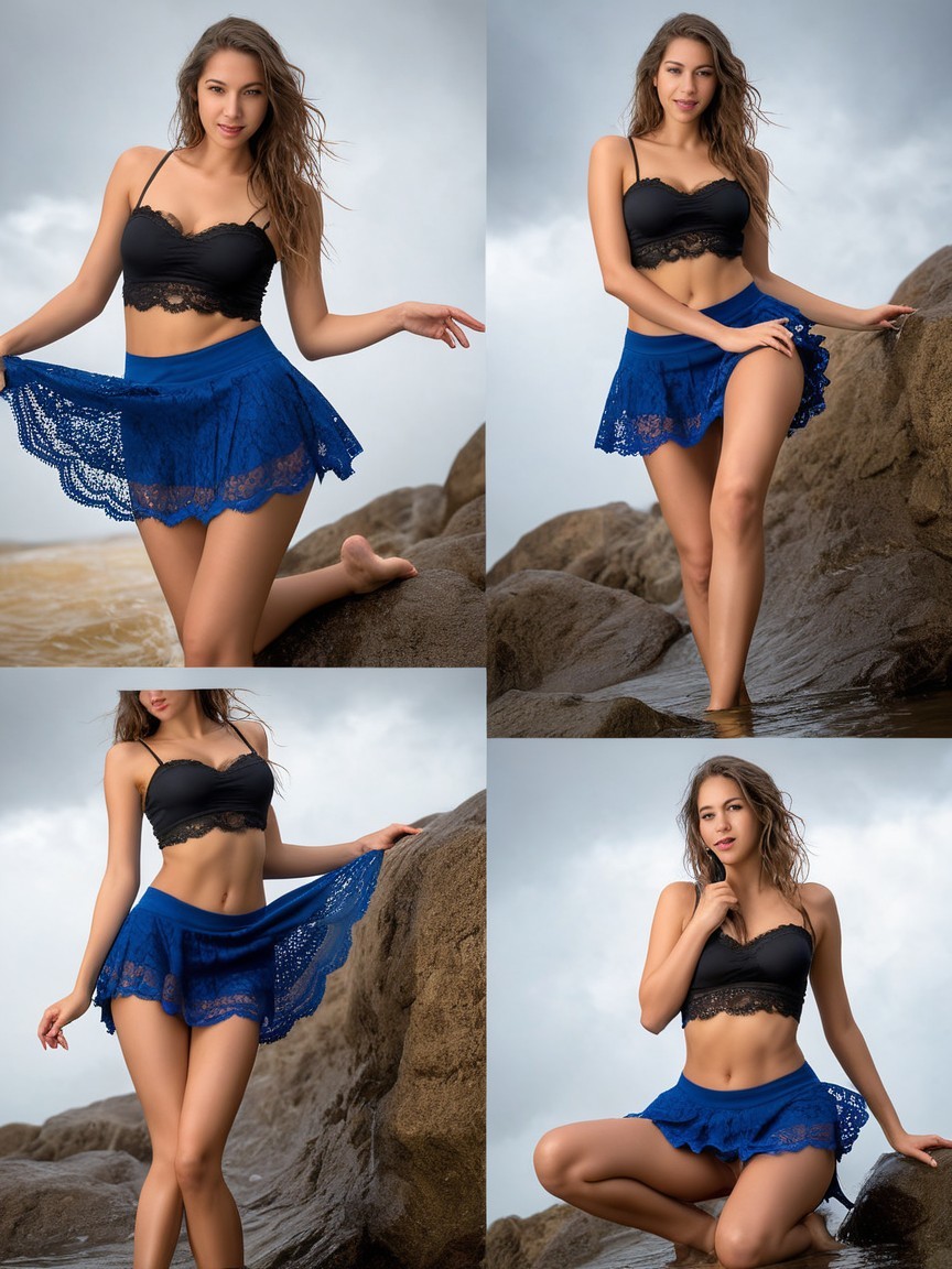 Model in Black Lace Bikini and Blue Lace Skirt on Beach