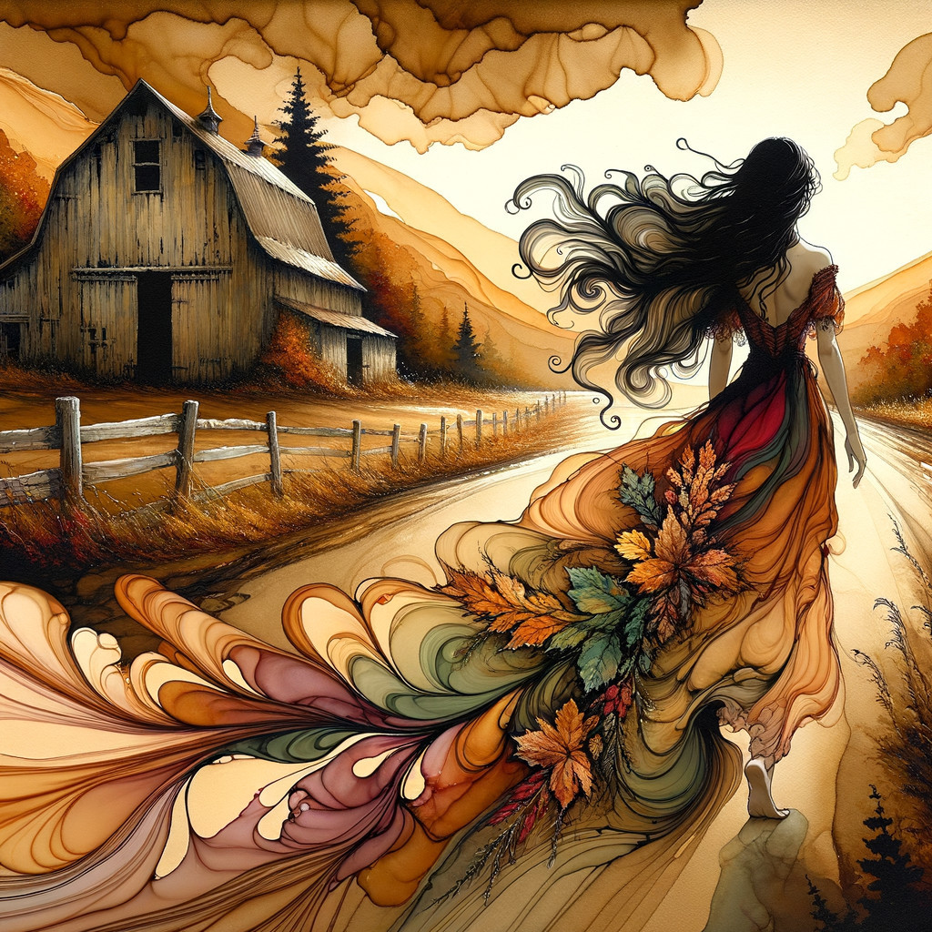 Woman in autumn gown on a winding road by mountains