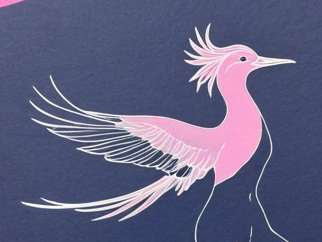 Stylized Pink Bird Illustration on Blue Background