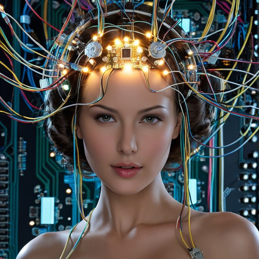 Portrait of a woman with circuit elements and wires