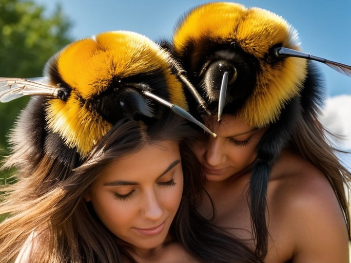 Women in Bumblebee-Inspired Headpieces Outdoors