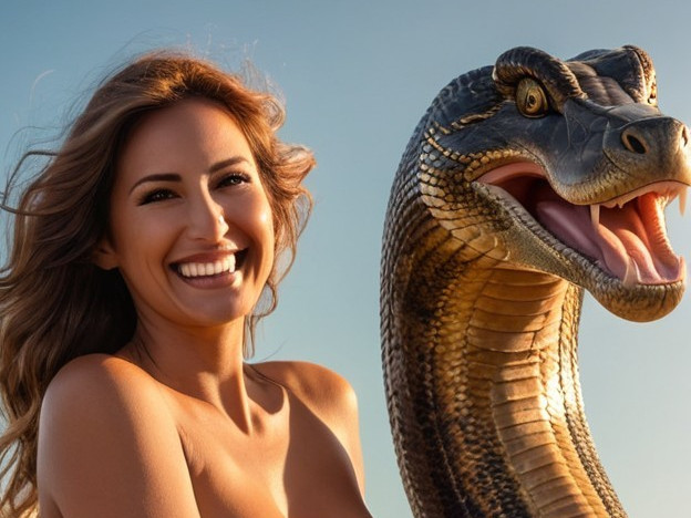 Woman Smiling Near Detailed Snake Sculpture Under Sky