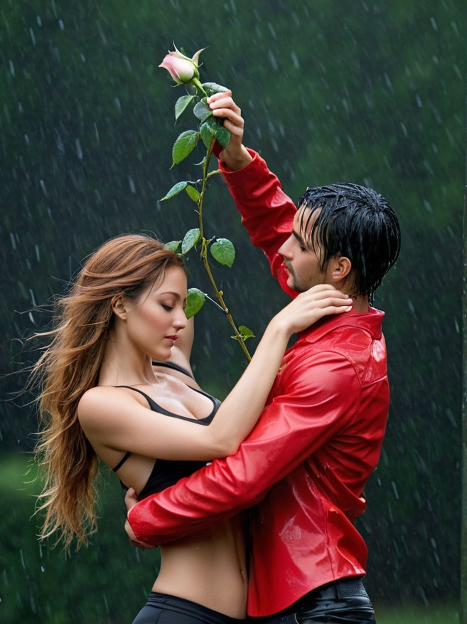Couple Embracing in Rain with Rose Symbolizing Love