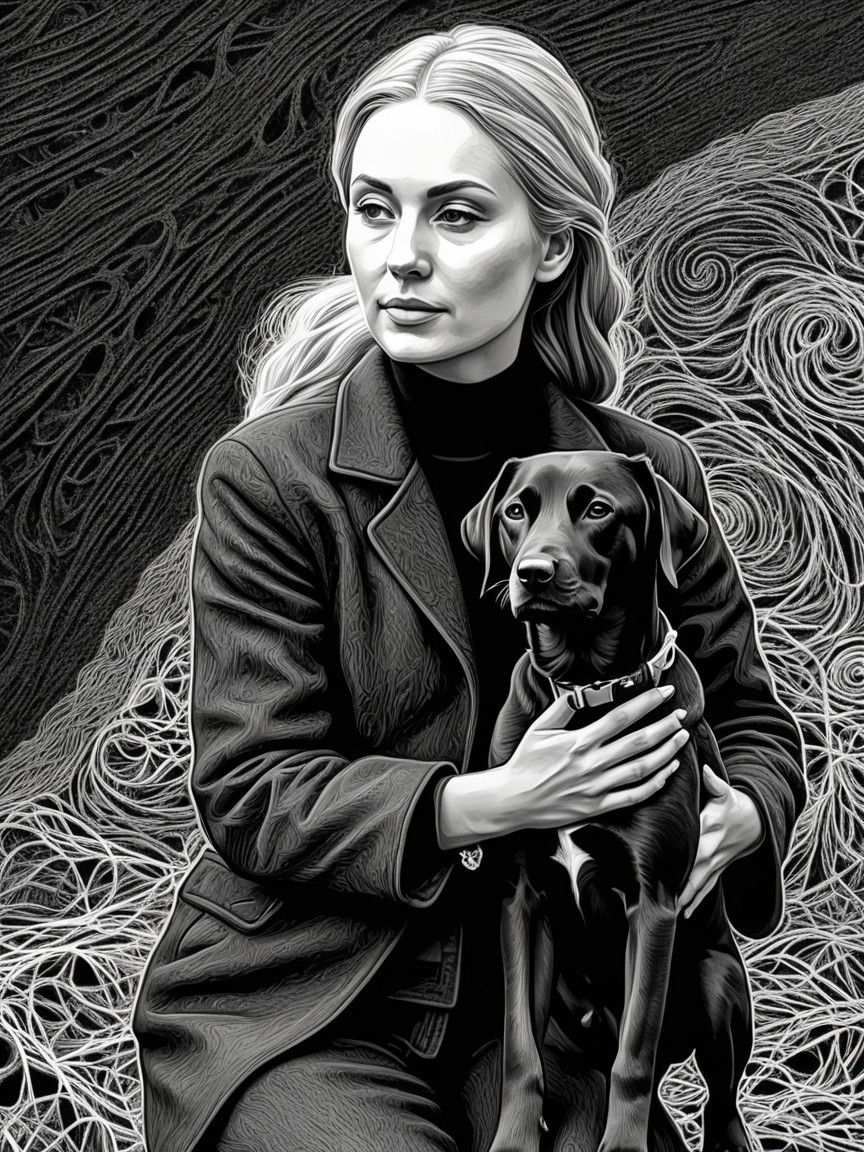 Monochromatic Illustration of Woman with Black Dog