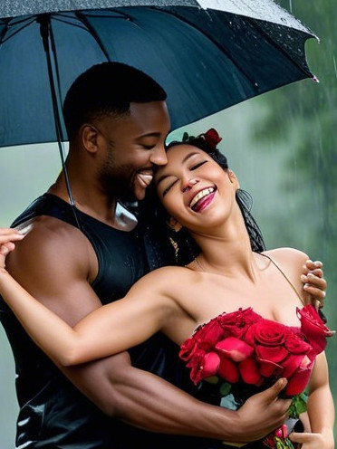 Couple Under Black Umbrella in the Rain with Rose