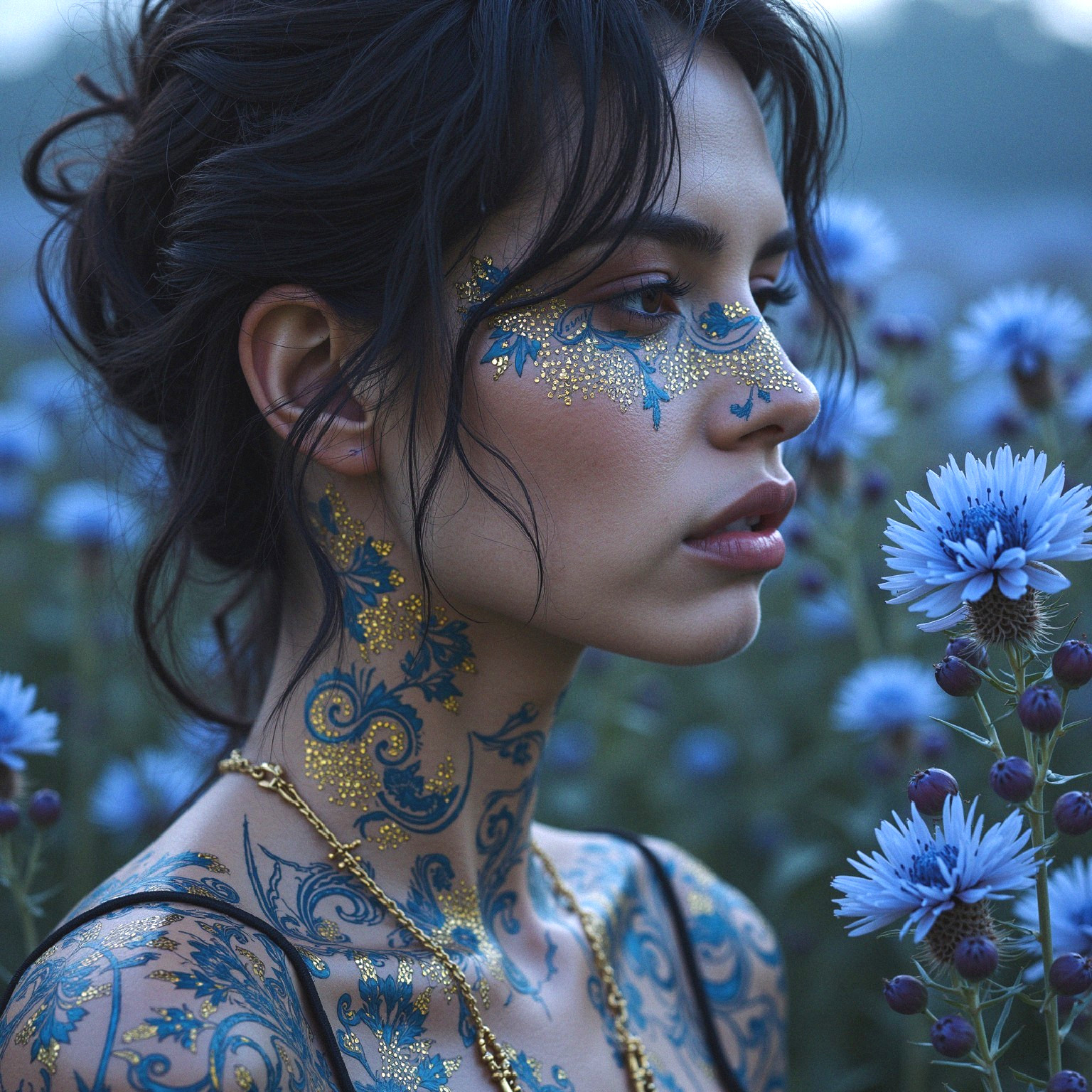 Woman in Blue Flower Field with Intricate Tattoos