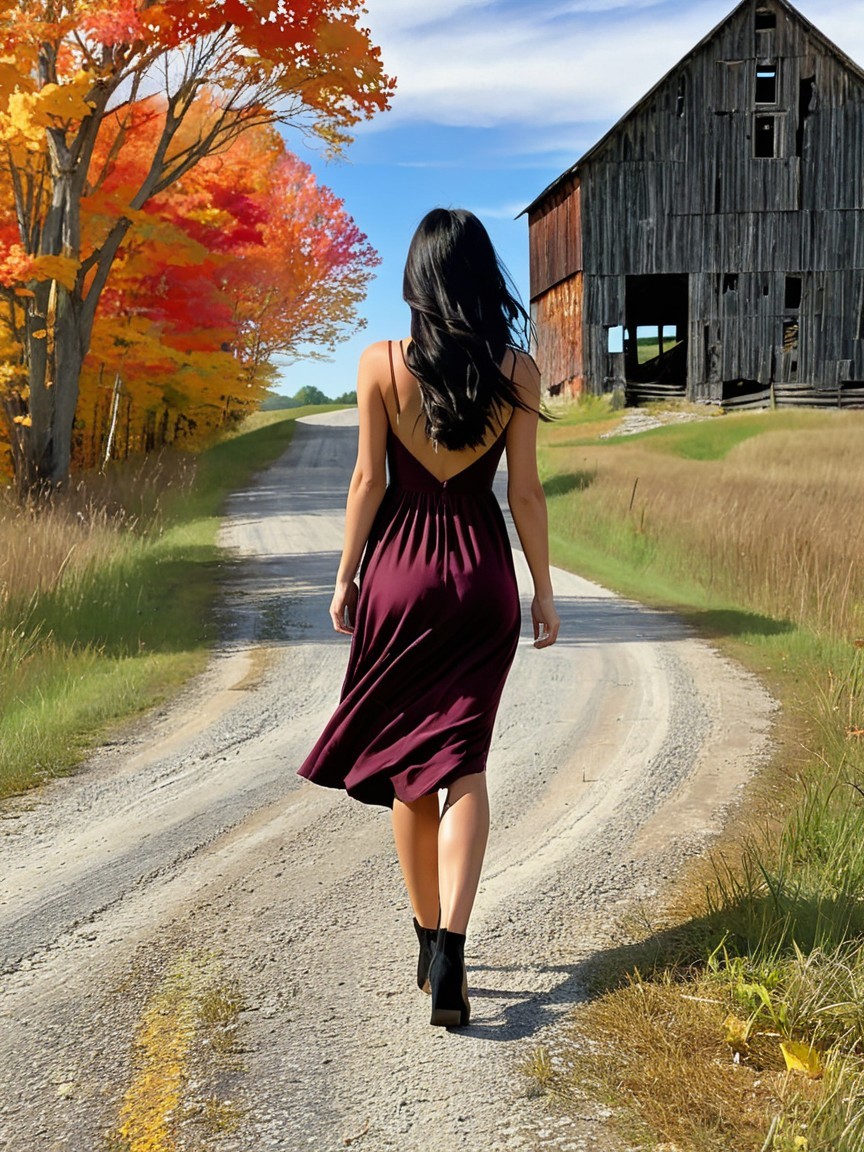 Woman in Burgundy Dress on Autumn Gravel Path