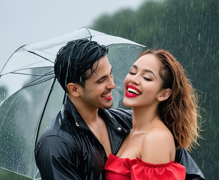 Couple Embraces in Rain with Clear Umbrella