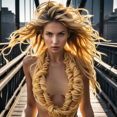 Blonde Model with Pasta Necklace on City Bridge