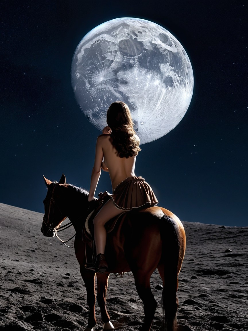 Woman on Horse Under Luminous Moonlit Sky