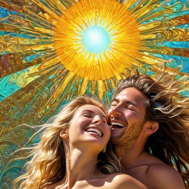 Joyful couple in warm, sunny embrace with vibrant background