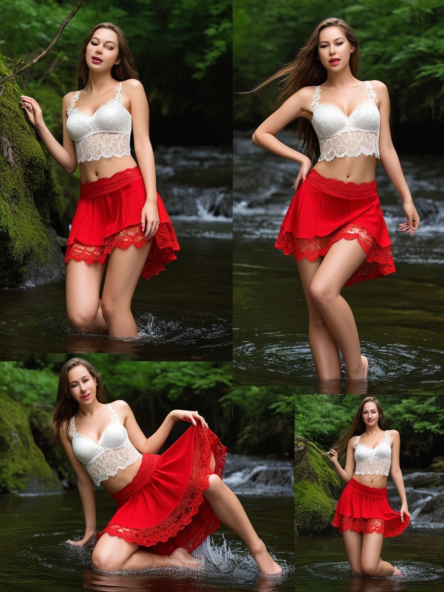 Young woman in lace top and red skirt by stream