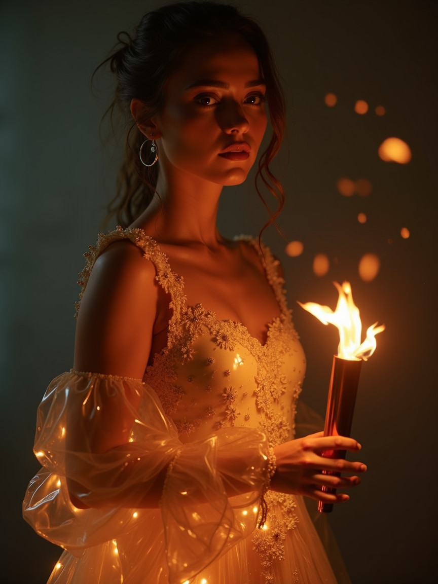 Elegant woman in embellished gown with flames
