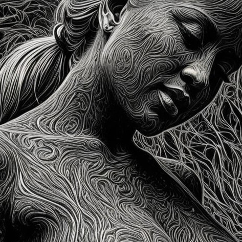 Portrait of a woman with intricate linear patterns
