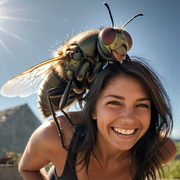 Woman with a giant fly on her shoulder outdoors