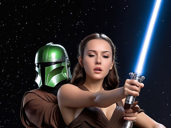 Woman with Blue Lightsaber and Mandalorian Partner in Space