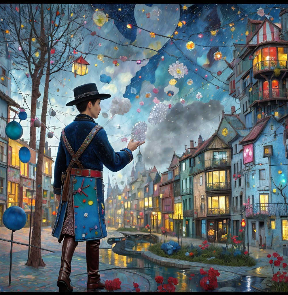 Whimsical Town with Magic Under Starry Sky