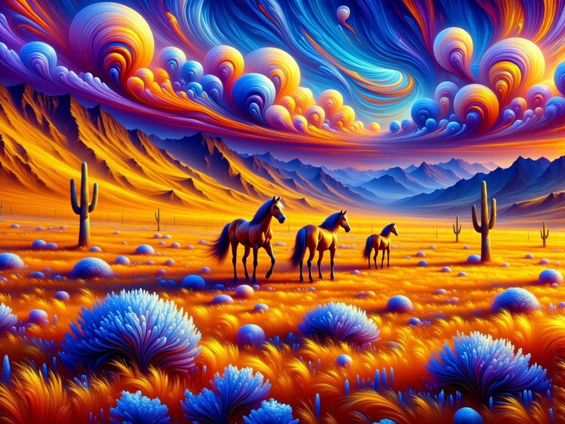 Horses in a Colorful Desert Landscape with Mountains