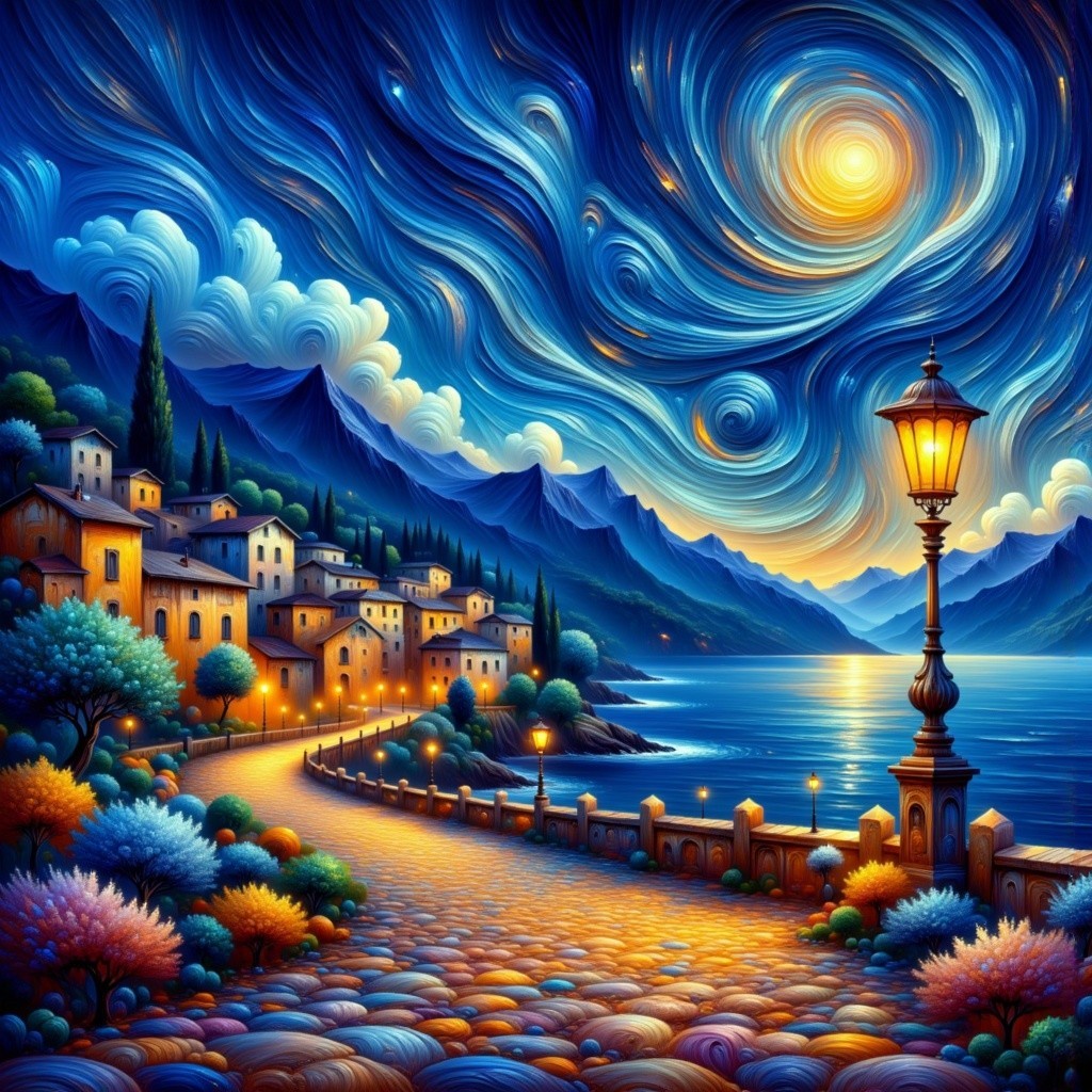 Vibrant Night Sky Over Serene Lake and Quaint Houses