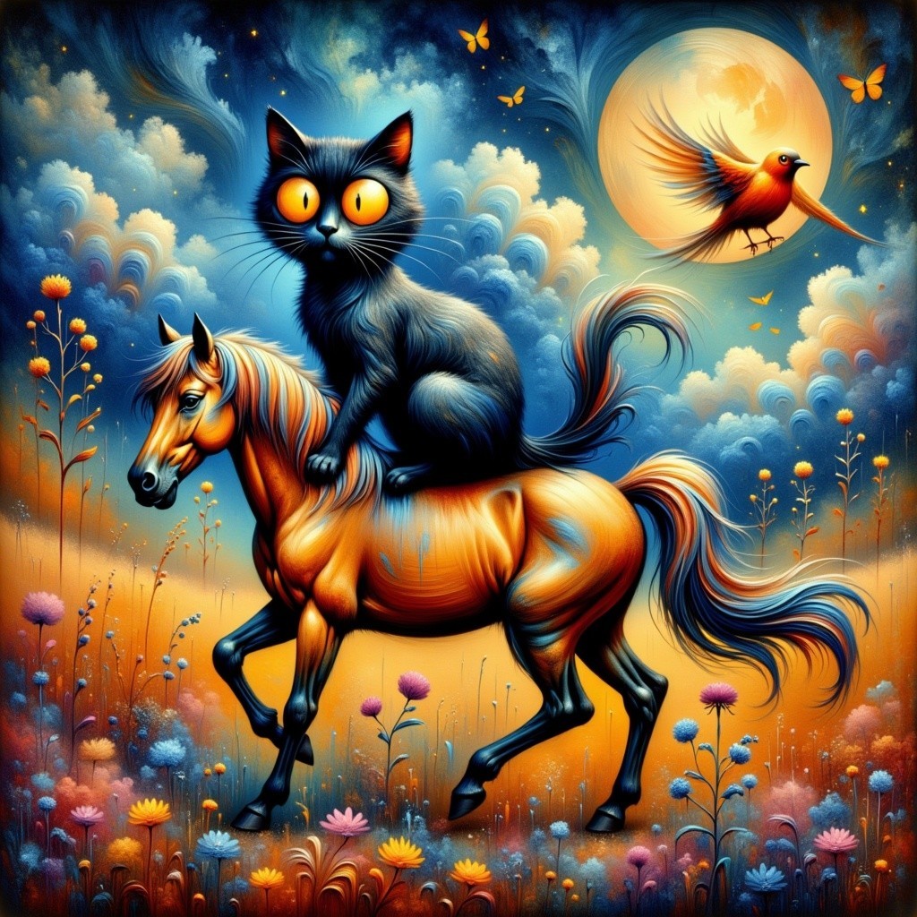 Surreal landscape with a cat on an orange horse