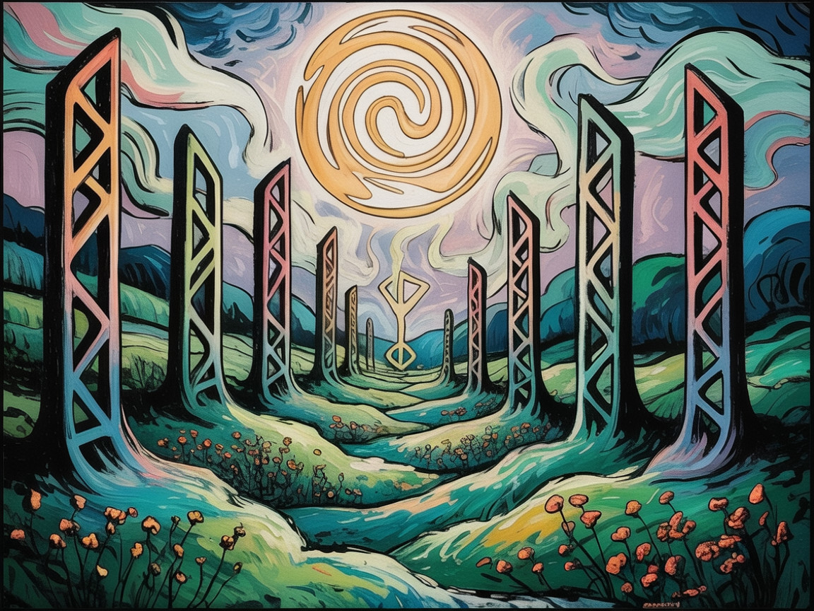 Vibrant Whimsical Landscape with Pillars and Hills