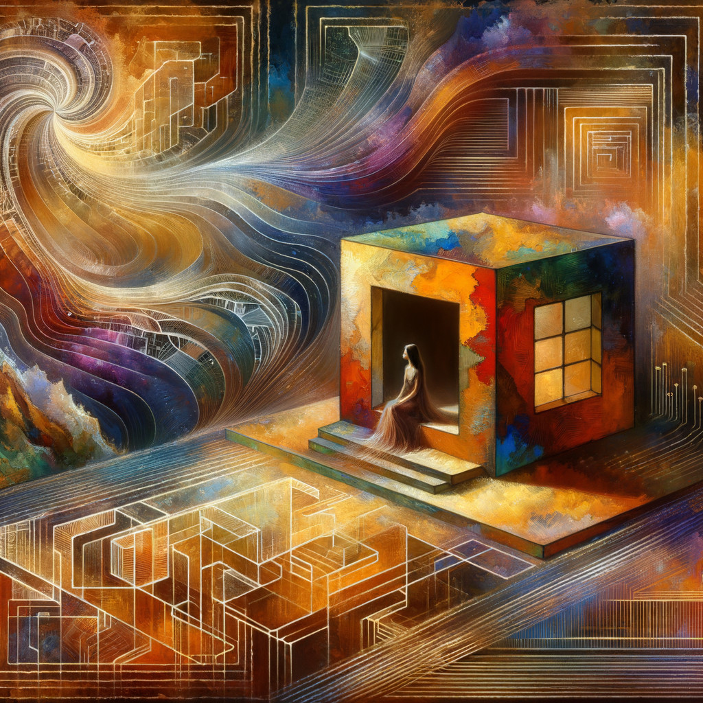 Surreal Landscape with Colorful Cube House and Figure
