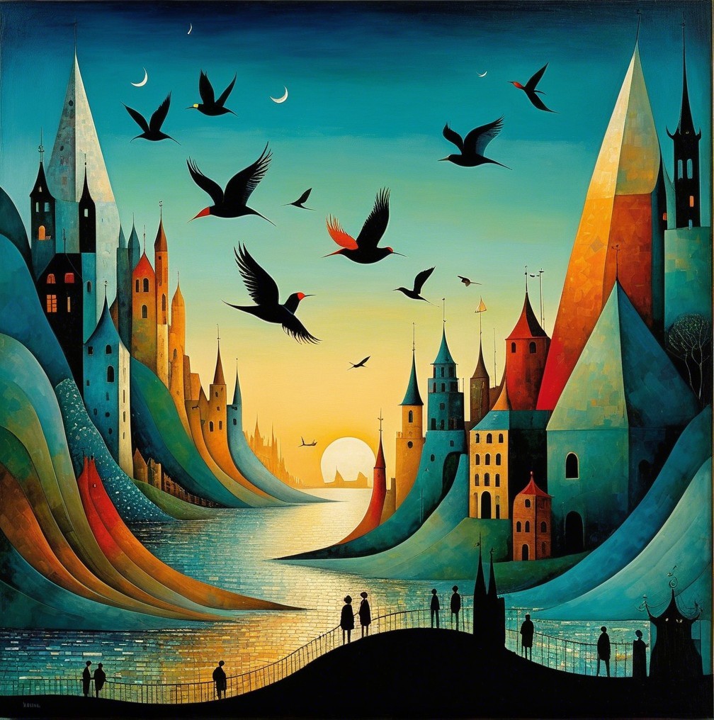 Whimsical Landscape with Colorful Buildings and River