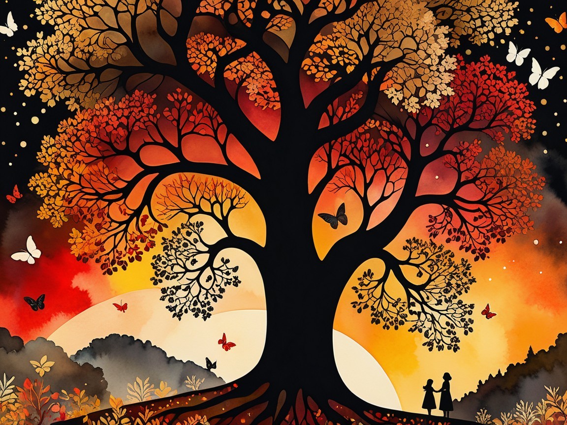 Majestic tree with vibrant leaves at sunset