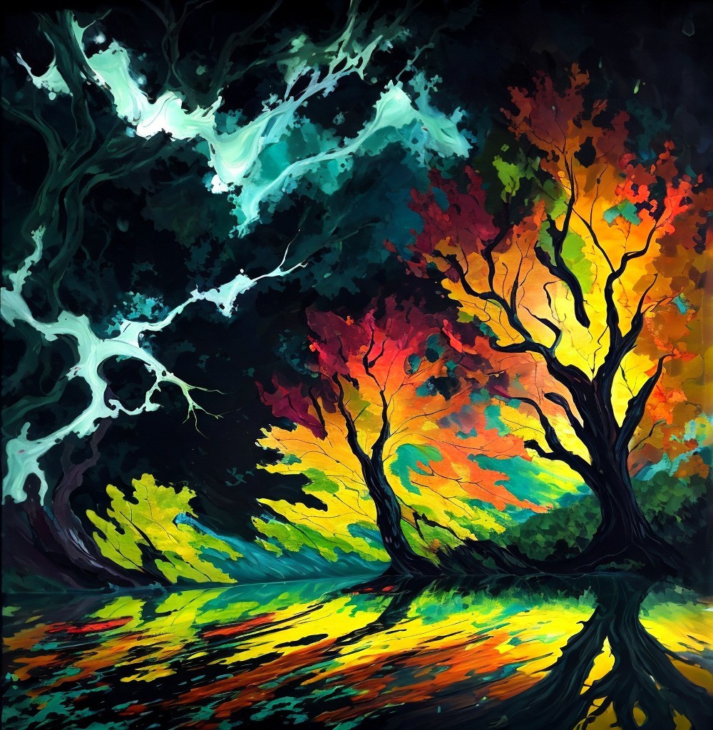 Surreal Landscape with Twisting Trees and Vivid Colors