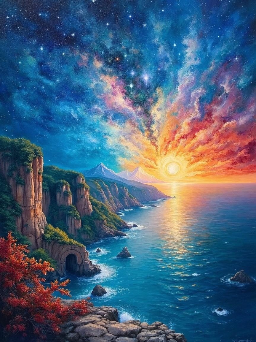 Coastal Landscape with Vibrant Sunset and Cliffs