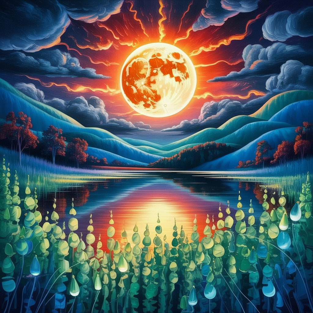 Vibrant Landscape with Full Moon and Colorful Sky