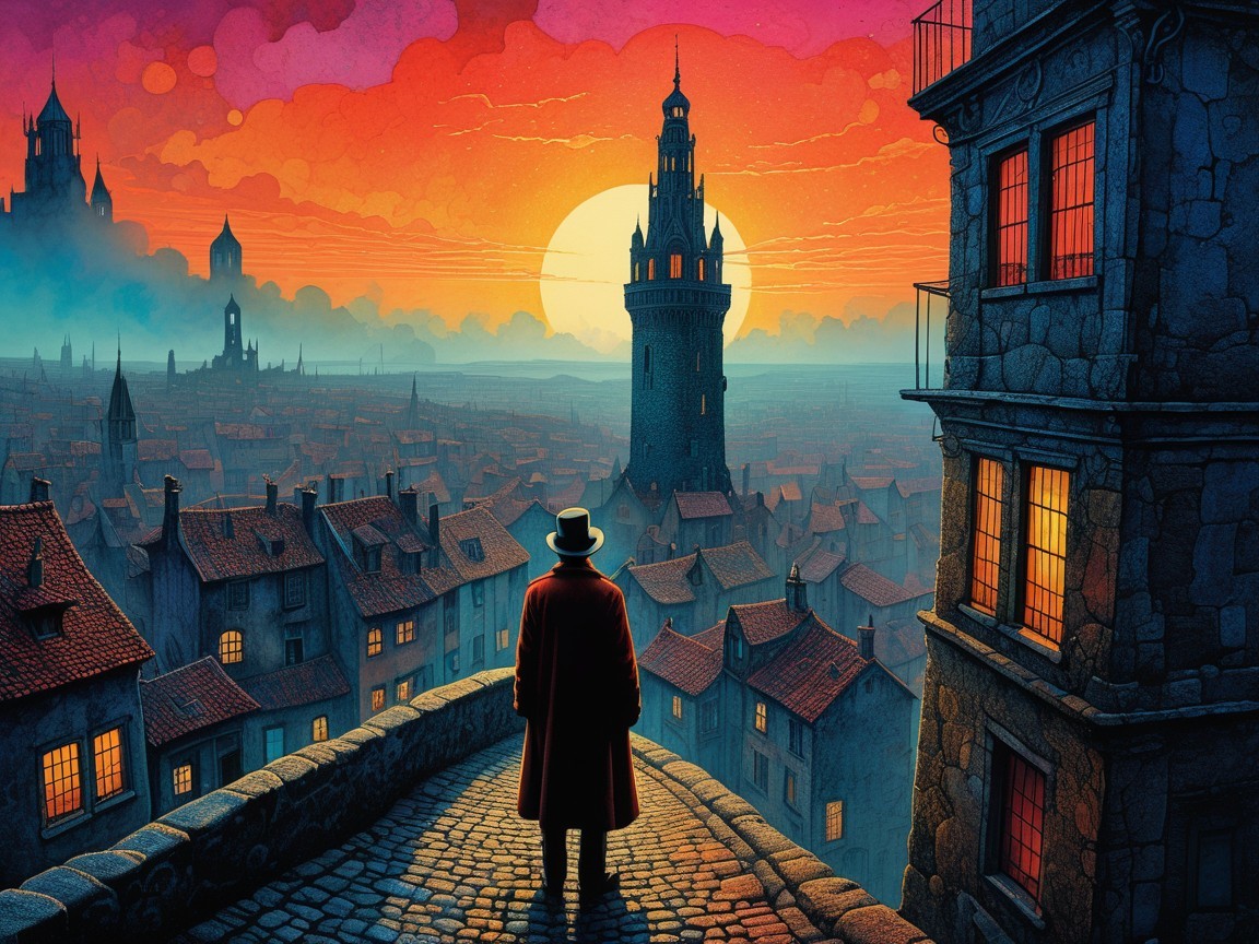 Silhouetted Figure Overlooking Medieval City at Sunset