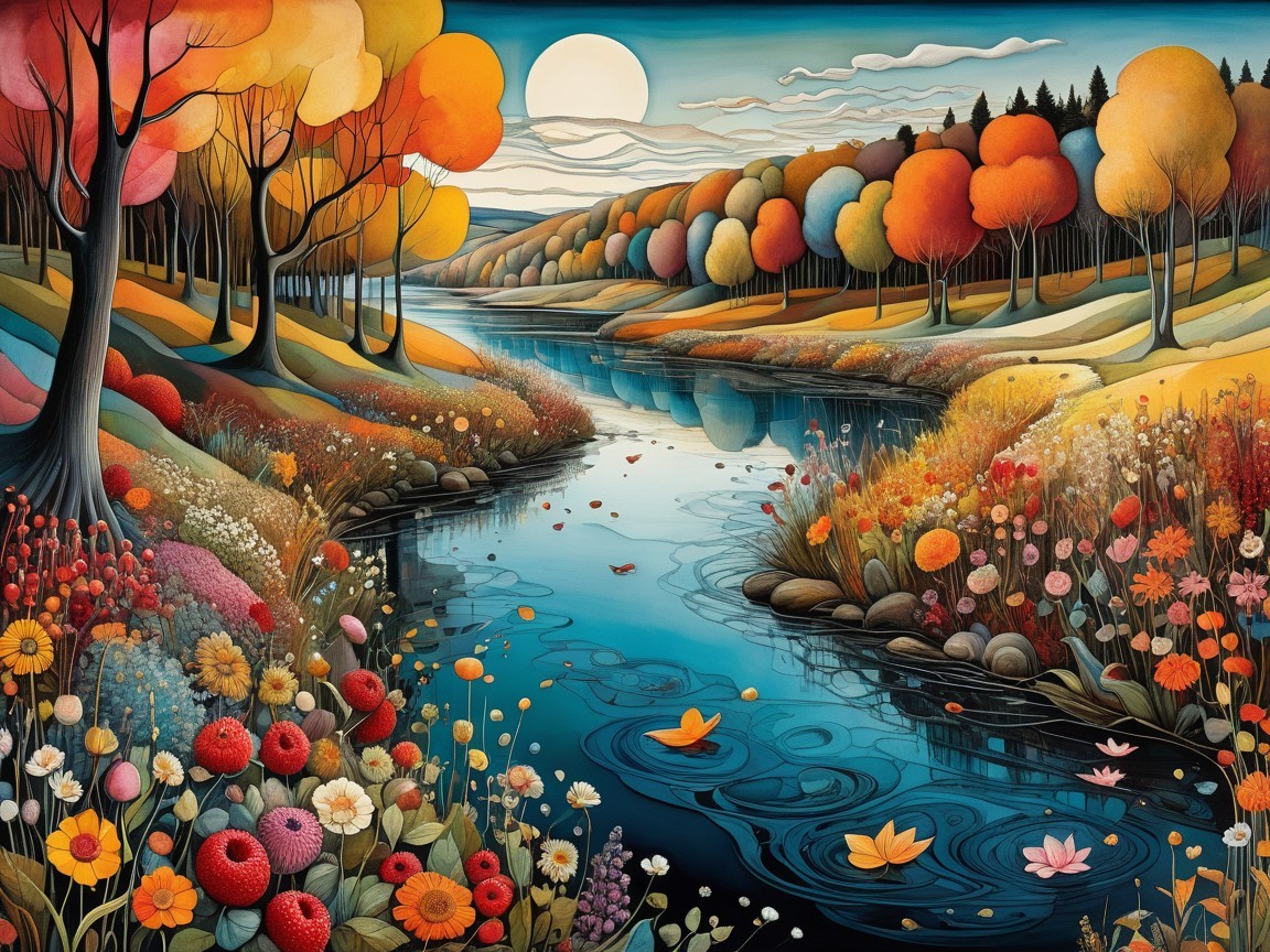 Vibrant Autumn Landscape with Serene River and Trees