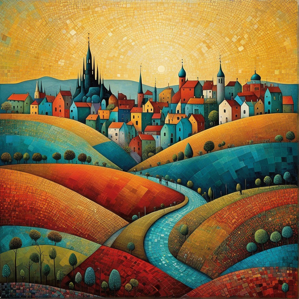 Vibrant Landscape with Charming Village and Rolling Hills
