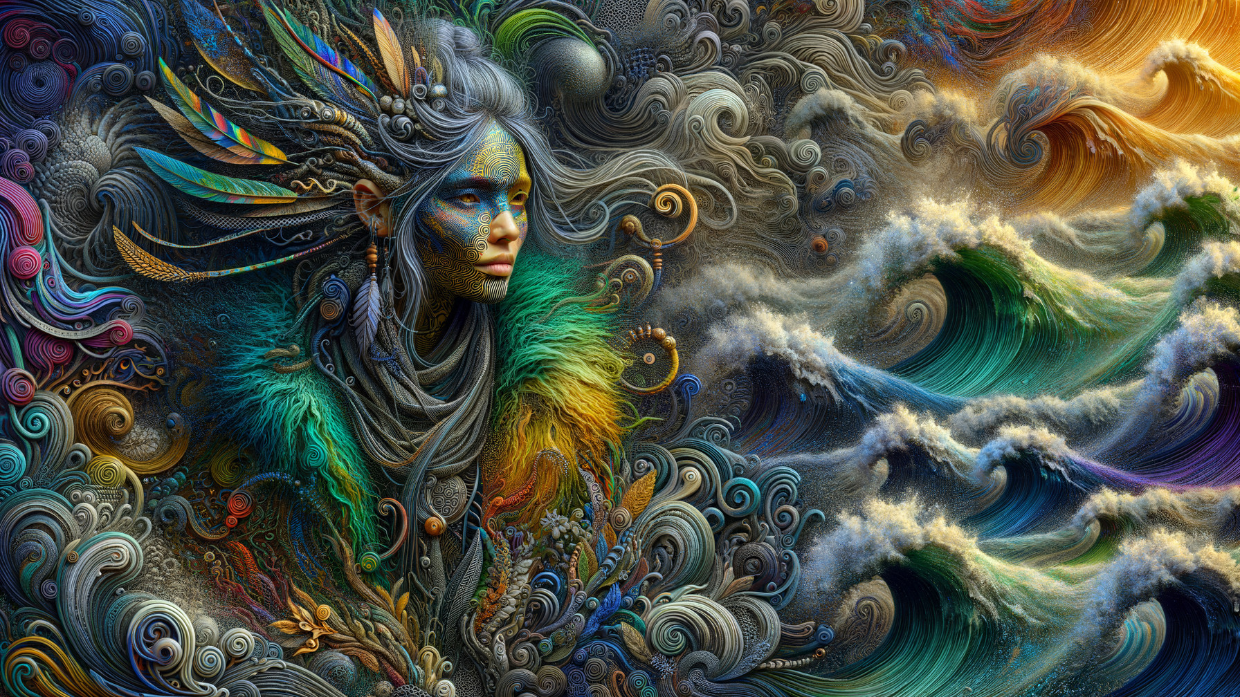 Intricate Artwork of Serene Figure with Feathers and Waves