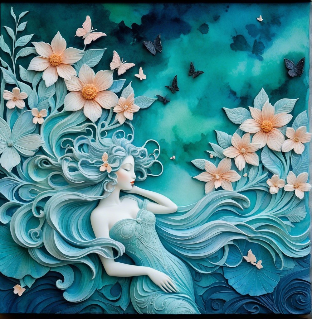 Relief Artwork of Serene Woman with Flowers and Butterflies