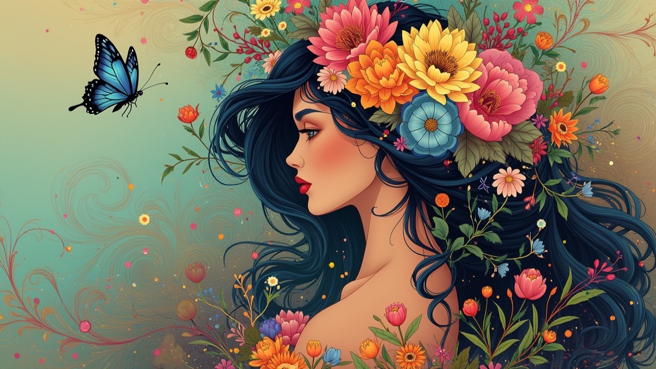 Profile of a Woman with Flowers and Butterfly