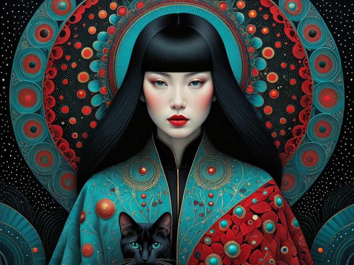 Mystical Portrait of Woman with Black Hair and Cat