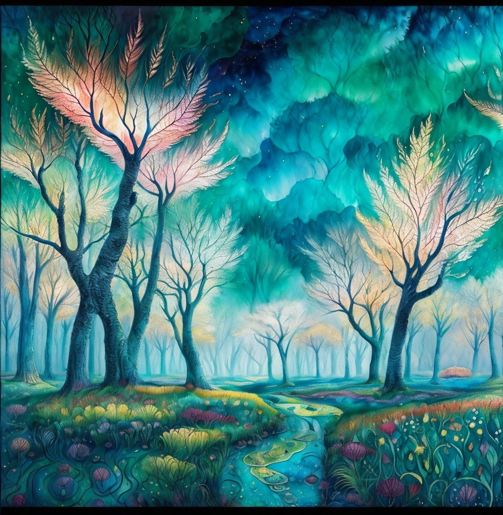 Surreal Forest Scene with Glowing Trees and Stream