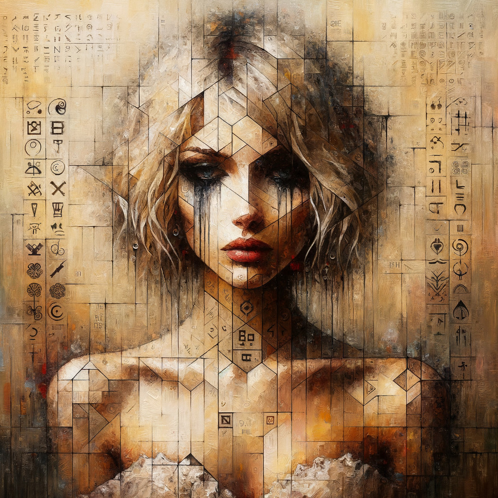 Ethereal Woman with Dark Tears and Ancient Symbols