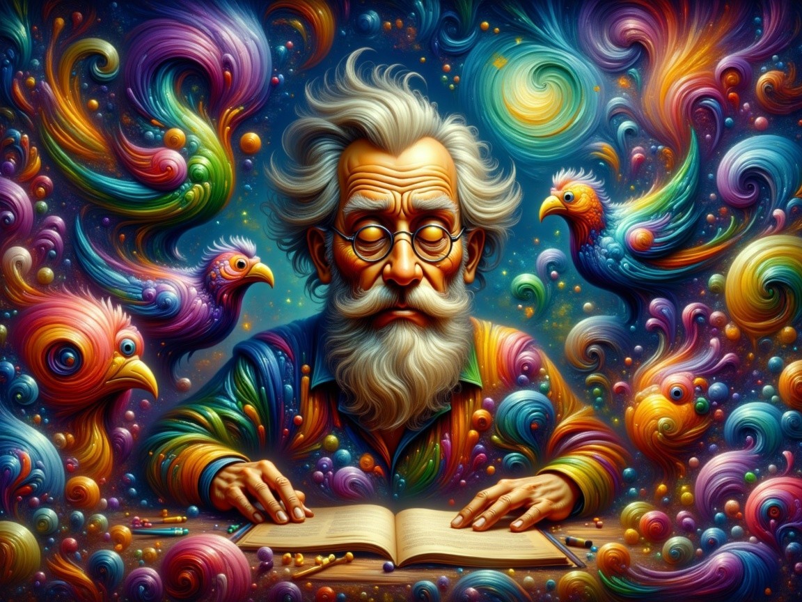 Elderly Man Reading in a Dreamlike Cosmic Setting