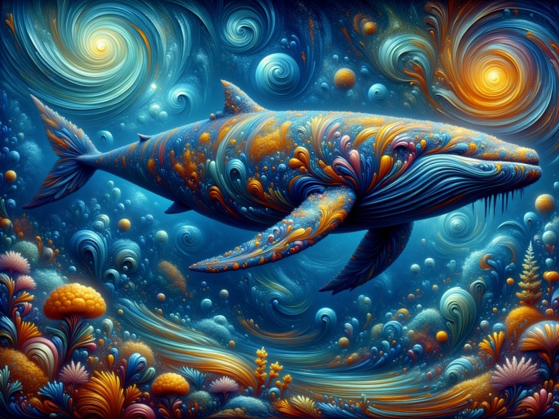Abstract Whale in Cosmic Ocean with Colorful Coral