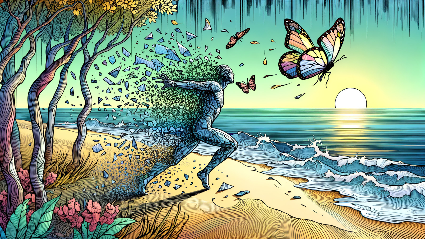 Surreal Scene of Figure, Ocean, and Vibrant Sunset